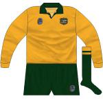 AUSTRALIA: By now wearing Canterbury, Australia carried a Wallabies logo on the right breast and on the shorts. Predominantly green socks were used and would remain.