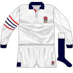 ENGLAND: Realising the value in selling a distinct replica rather than a plain white shirt, Cotton Traders added red and navy stripes to the right sleeve. The shorts had an odd navy panel on the right-hand side too.
