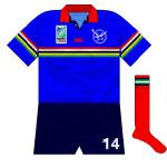 NAMIBIA: Playing in their first World Cup, Namibia sought to include all of their flag colours in a cohesive way. The red socks unbalanced the overall look, to our minds.