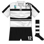 FIJI: Later years would see Fiji, Samoa and Tonga test sensibilities with design-heavy shirts and this was a precursor to that. Fiji incorporated the country's crest in large format as well as black stripes.