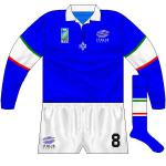 ITALY: Changed away from the Italian company Kappa to Cotton Traders, who incorporated the flag colours on the sleeves and socks. A different, one-off crest was employed too. 