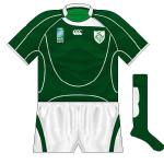 IRELAND: The same Canterbury template as the other countries but with one small difference - no stripe just below the grip-tape. Oddly, this stripe was on the Ireland shirts for the 2008 and '09 Six Nations.