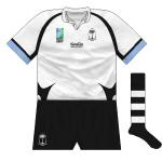 FIJI: A first RWC appearance for Kooga, who introduced pale blue, the country's traditional change colour. Bar a funnily-shaped black panel by the waist, this was an inoffensive design.