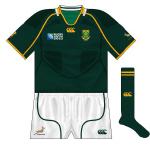 SOUTH AFRICA: A cleaner look than some of its predecessors, due to some of the trim being in dark green rather than gold. Due to tournament rules on logos, the Springbok was now on the sleeve with the Protea crest on the front.