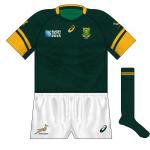 South Africa: Asics' previous kit had looked well and this adhered to a similar formula though with a greater splash of gold on the sleeves. The grip tape - the same as that used by Australia - was dubbed 'zombie hands'.