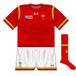 Wales: White shorts returned after Under Armour had dabbled with an all-red look, but gold was a new departure, paired with a darker red stripe. These represented repectively Welsh gold, as once found in the country's mines, and ox-blood, which was used to fortify lime mortar in construction.